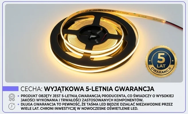 Taśma LED COB 480 9W/m ŻÓŁTA 12V IP20 /5m/P EC20306 z symbolem 5 lat gwarancji na jasnym tle