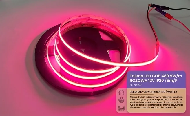 Taśma LED COB 480 9W/m RÓŻOWA 12V IP20 /5m/P EC20307 świecąca intensywnym różowym światłem, dekoracyjny efekt na jasnym tle.