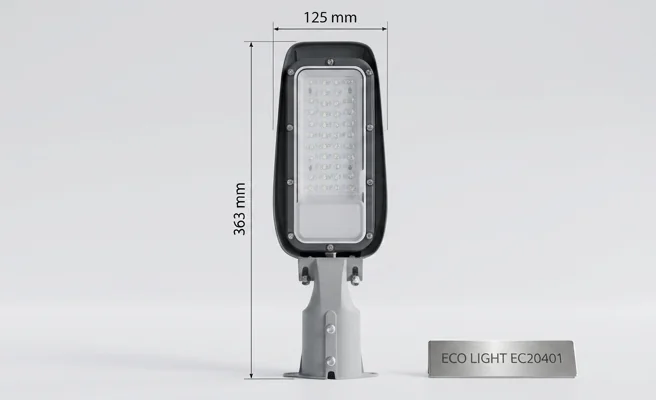 Lampa uliczna LED Eco Light EC20401, prostokątna szara obudowa z panelem LED, uchwyt montażowy, wymiary 363x125 mm, zdjęcie produktowe na jasnym tle