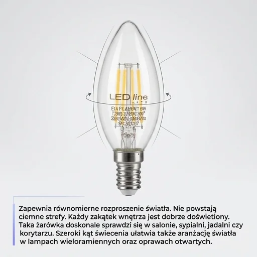 Żarówka LED line LITE E14 6W 2700K 720lm FILAMENT C35 ŚWIECZKA 202207 z widoczną przezroczystą bańką i filamentami, kąt świecenia 360 stopni.