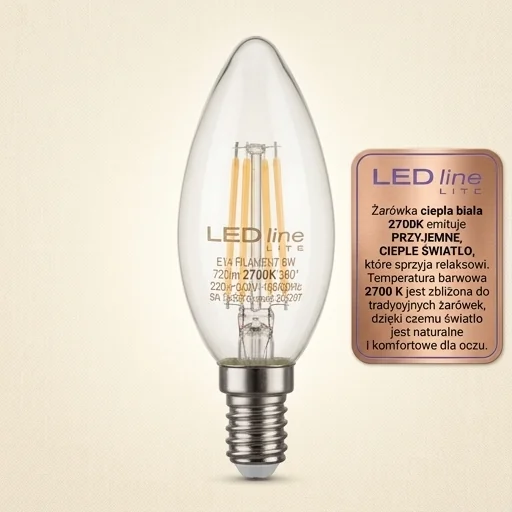 Żarówka LED line LITE E14 6W 2700K 720lm FILAMENT C35 ŚWIECZKA 202207 z oznaczeniem 2700K na szkle, widok centralny.
