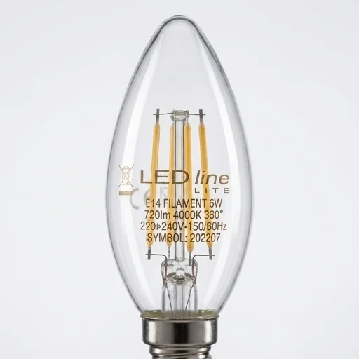 Żarówka LED line LITE E14 6W 2700K 720lm FILAMENT C35 ŚWIECZKA 202207 z przezroczystym szklanym kloszem i widocznymi żarnikami, detal dekoracyjny.