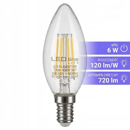 Żarówka LED line LITE E14 6W 2700K 720lm FILAMENT C35 ŚWIECZKA 202207 z widocznymi czterema żarnikami filament na jasnym tle, detal technologii LED.
