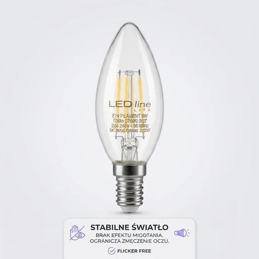 Żarówka LED line LITE E14 6W 2700K 720lm FILAMENT C35 ŚWIECZKA 202207 bez efektu migotania, detal produktu na jasnym tle.