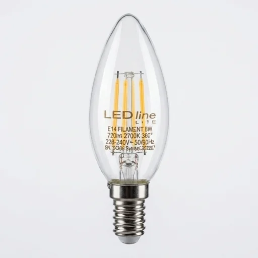 Żarówka LED line LITE E14 6W 2700K 720lm FILAMENT C35 ŚWIECZKA 202207, detal wykonania symbolizujący trwałość 25000 godzin.
