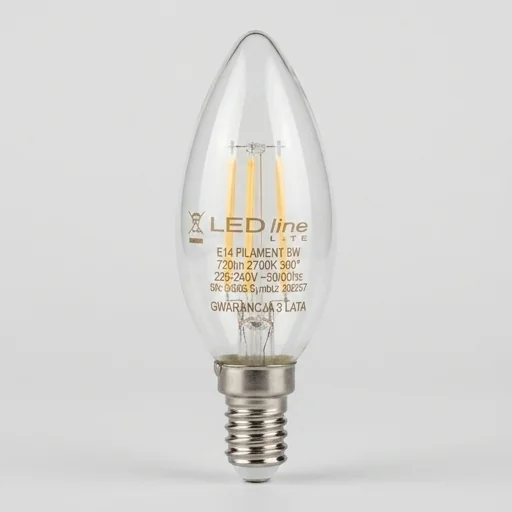 Żarówka LED line LITE E14 6W 2700K 720lm FILAMENT C35 ŚWIECZKA 202207 z gwarancją 3 lata, detal produktu na jasnym tle.