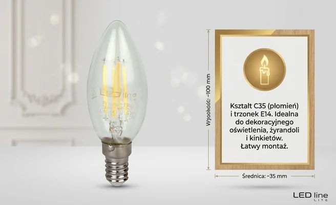 Żarówka LED line LITE E14 6W 2700K 720lm FILAMENT C35 ŚWIECZKA 202207 w kształcie świeczki C35, widok centralny na jasnym tle.