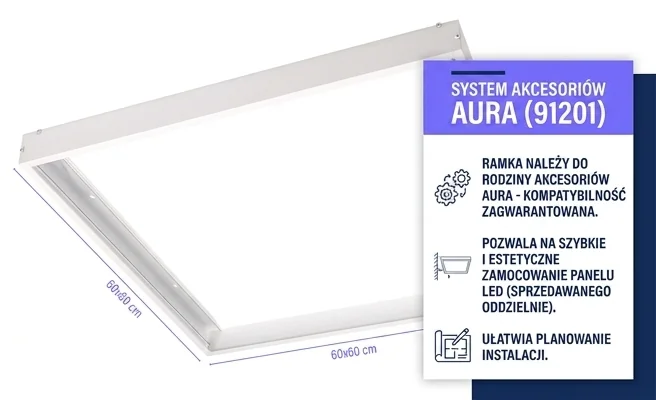 Ramka natynkowa do panelu LED Aura 60x60 cm 91201, biała, widok z dołu, akcesorium systemu Aura