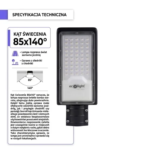 Lampa uliczna LED EC20479 Eco Light, kąt świecenia 85x140°, zdjęcie produktowe z przodu