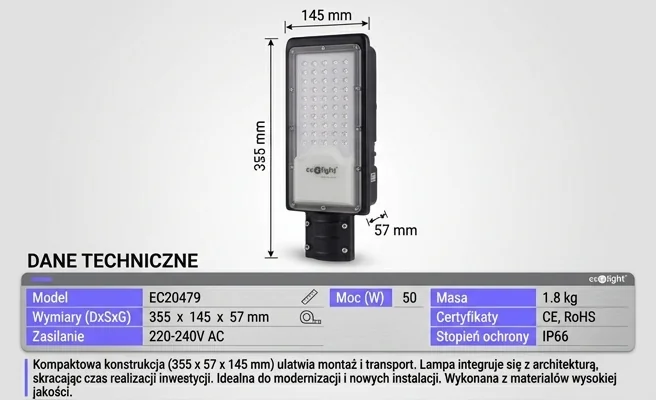 Lampa uliczna LED EC20479 Eco Light, wymiary 355x57x145 mm, zdjęcie produktowe z przodu