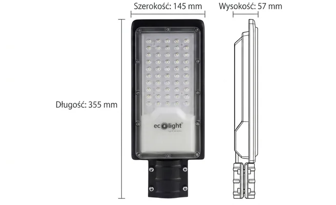 Lampa uliczna LED EC20479 Eco Light, widok z przodu, z zaznaczonymi wymiarami 355x57x145 mm, produkt na białym tle