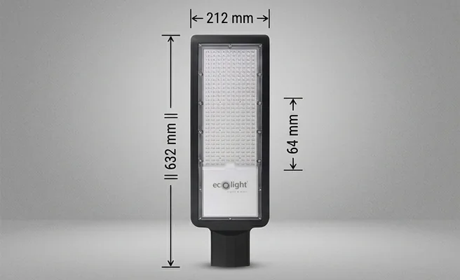 Lampa uliczna LED EC20482 ECO LIGHT, widok centralny na białym tle, z zaznaczonymi wymiarami 632x212x64 mm