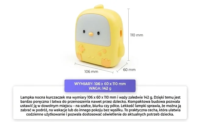 MARY'S Lampka LED kurczaczek MW20541 kompaktowe wymiary 106x60x110 mm, zdjęcie produktowe
