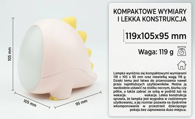 Lampka LED Dino różowa ECO LIGHT MW20533 – kompaktowe wymiary 119x105x95 mm na zdjęciu produktowym