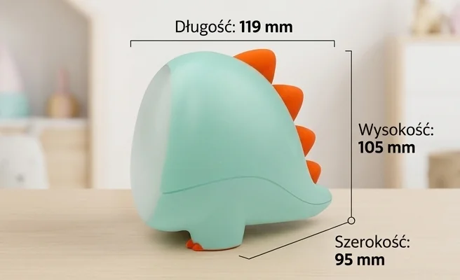 MARY'S Lampka LED Dino Zielony MW20534 – zdjęcie produktowe z wymiarami 119x105x95 mm na białym tle