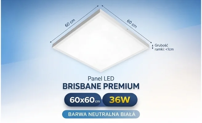Panel LED BRISBANE PREMIUM 60x60 36W barwa neutralna biała KOBI 001559, widok centralny na kwadratowy panel z wymiarami 60x60 cm, cienki profil, matowa biała powierzchnia, jasne niebiesko-białe tło, napisy informacyjne na panelu