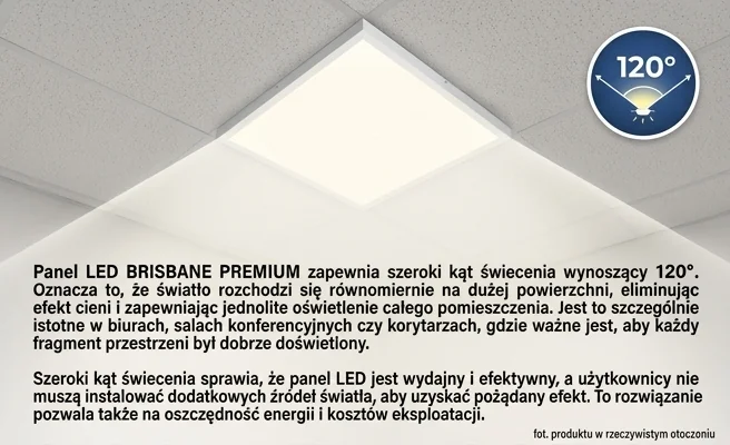 Panel LED BRISBANE PREMIUM 60x60 36W KOBI 001559 z szerokim kątem świecenia 120 stopni, widok centralny