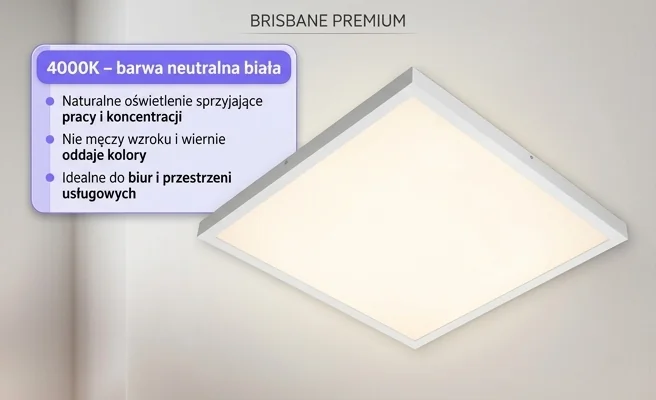 Panel LED BRISBANE PREMIUM 60x60 36W KOBI 001559 z neutralną barwą światła 4000K, widok centralny