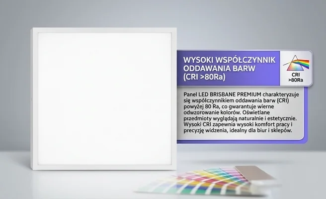 Panel LED BRISBANE PREMIUM 60x60 36W KOBI 001559 z wysokim współczynnikiem oddawania barw CRI powyżej 80, widok centralny