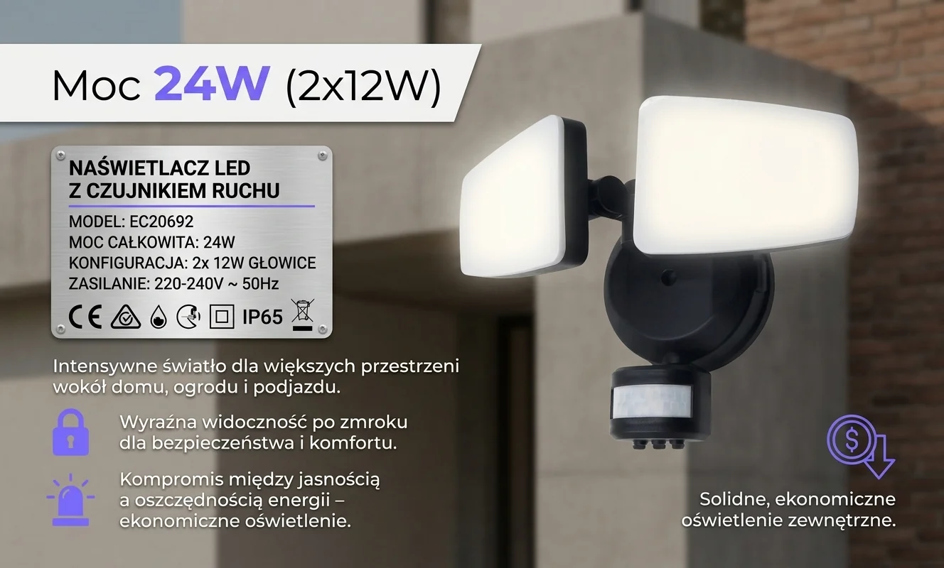 Podwójny naświetlacz LED 24W EC20692, dwa prostokątne panele, centralny widok, matowy czarny, zdjęcie produktowe