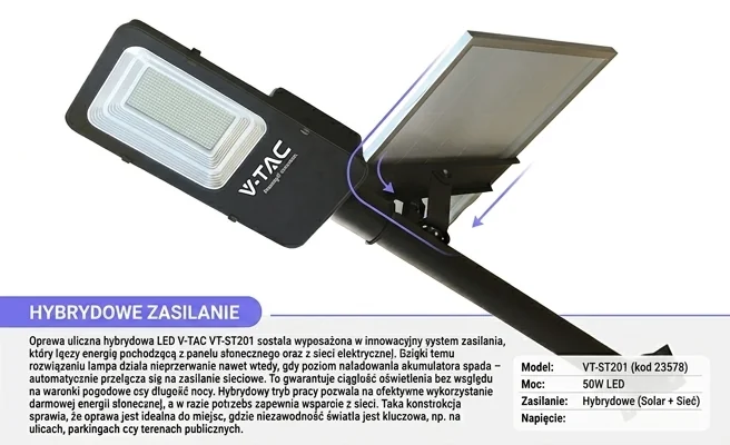Hybrydowe zasilanie LED w oprawie ulicznej V-TAC 50W VT-ST201 kod 23578 – detal panelu słonecznego i oprawy
