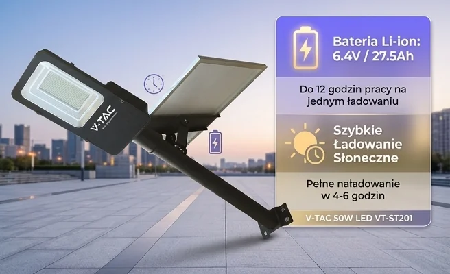 Oprawa uliczna LED V-TAC 50W VT-ST201 z panelem słonecznym, widok produktowy, symbol baterii i czasu pracy