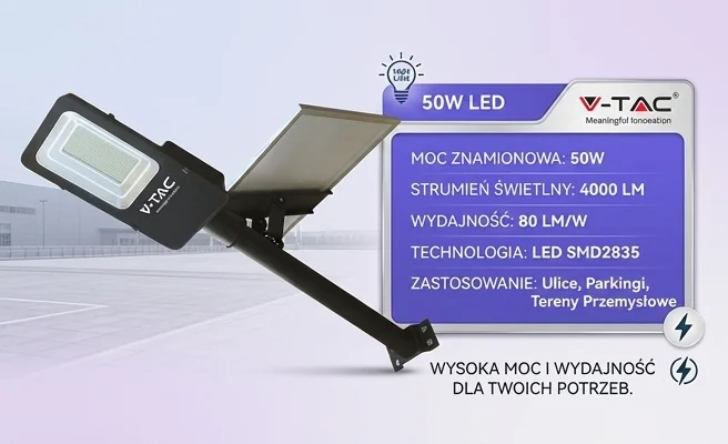 Oprawa uliczna LED V-TAC 50W VT-ST201 z panelem słonecznym, widok produktowy, podkreślona moc 50W i wydajność 4000 lm