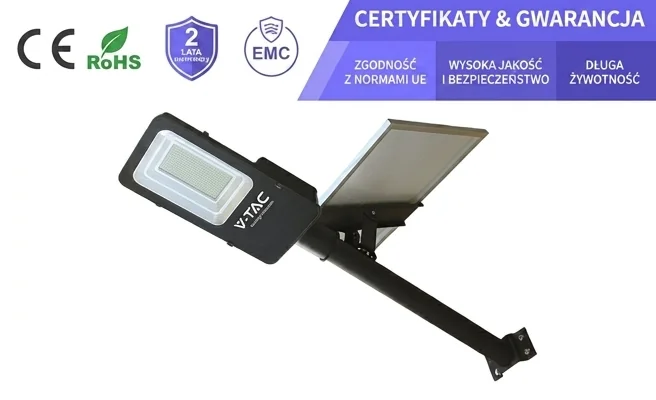 Oprawa uliczna LED V-TAC 50W VT-ST201 z panelem słonecznym, widok produktowy, certyfikaty CE EMC ROHS i gwarancja 2 lata