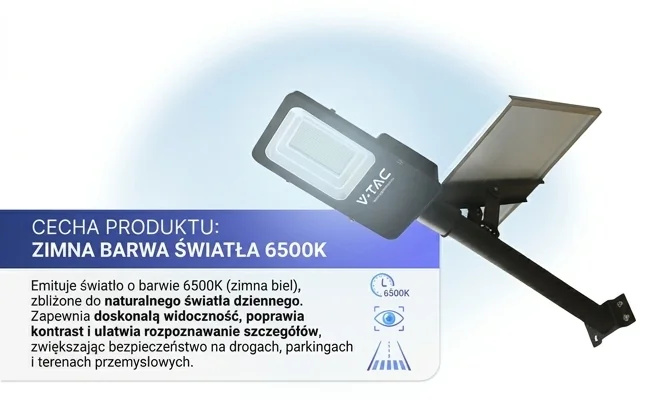 Oprawa uliczna LED V-TAC 50W VT-ST201 z panelem słonecznym, widok produktowy, zimna barwa światła 6500K