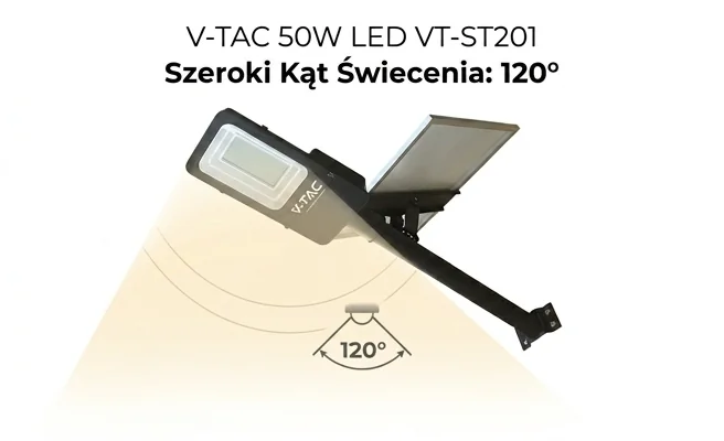 Oprawa uliczna LED V-TAC 50W VT-ST201 z panelem słonecznym, widok produktowy, szeroki kąt świecenia 120 stopni
