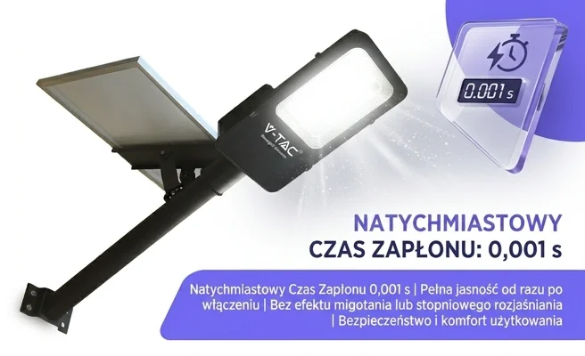 Oprawa uliczna LED V-TAC 50W VT-ST201 z panelem słonecznym, widok produktowy, symbol natychmiastowego zapłonu