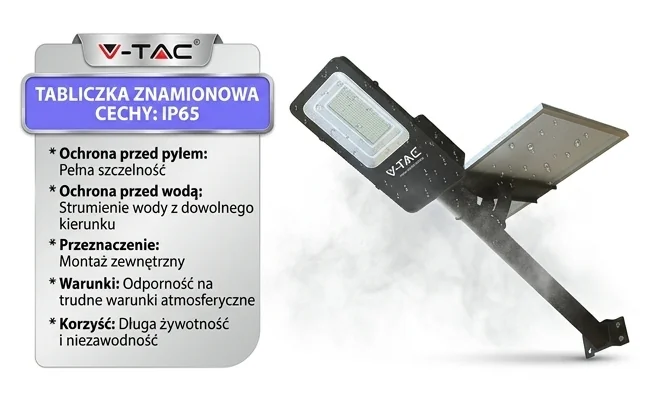 Oprawa uliczna LED V-TAC 50W VT-ST201 z panelem słonecznym, widok produktowy, efekt kropli wody na obudowie, IP65
