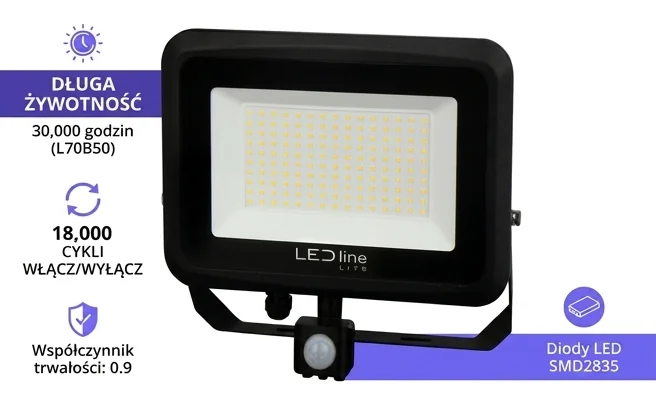 LED line LITE Naświetlacz PHOTON 100W 4000K 10000lm 203747 - zbliżenie na trwałą obudowę, podkreślona żywotność