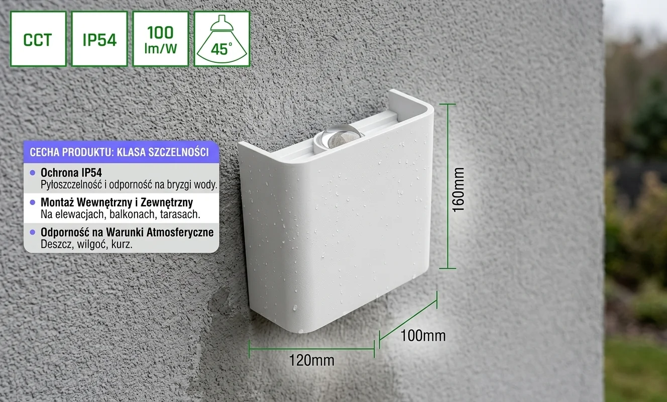 Kinkiet LED Spectrum LED SLIP007016 LUNARIX 1 KINKIET 2W CCT 230V IP54 RA90 na zewnętrznej ścianie podczas deszczu