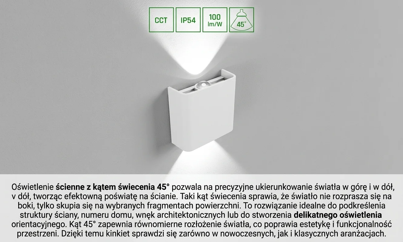 Kinkiet LED Spectrum LED SLIP007016 LUNARIX 1 KINKIET 2W CCT 230V IP54 RA90 oświetlenie pod kątem 45 stopni