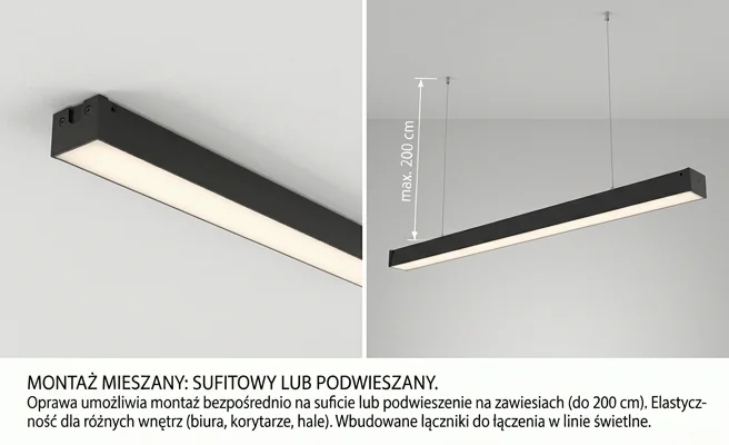 Oprawa LED Led Line PRIME FUSION 40W kod 475848 montowana na suficie i na zawiesiach, łatwy montaż