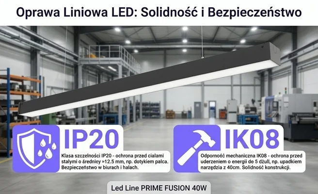 Oprawa LED Led Line PRIME FUSION 40W kod 475848 z oznaczeniami IP20 i IK08 na tle hali