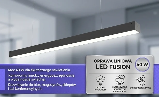 Oprawa liniowa LED 40W Led Line PRIME FUSION kod 475848 zamontowana na suficie w biurze, długa czarna belka, jasne światło