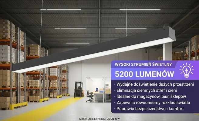 Oprawa LED Led Line PRIME FUSION 40W kod 475848 oświetlająca równomiernie magazyn, długa czarna belka
