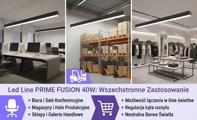 Oprawa LED Led Line PRIME FUSION 40W kod 475848 zamontowana w biurze, magazynie i sklepie, uniwersalne zastosowanie