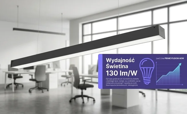 Oprawa LED Led Line PRIME FUSION 40W kod 475848 z symbolem wydajności 130 lm/W w nowoczesnym biurze