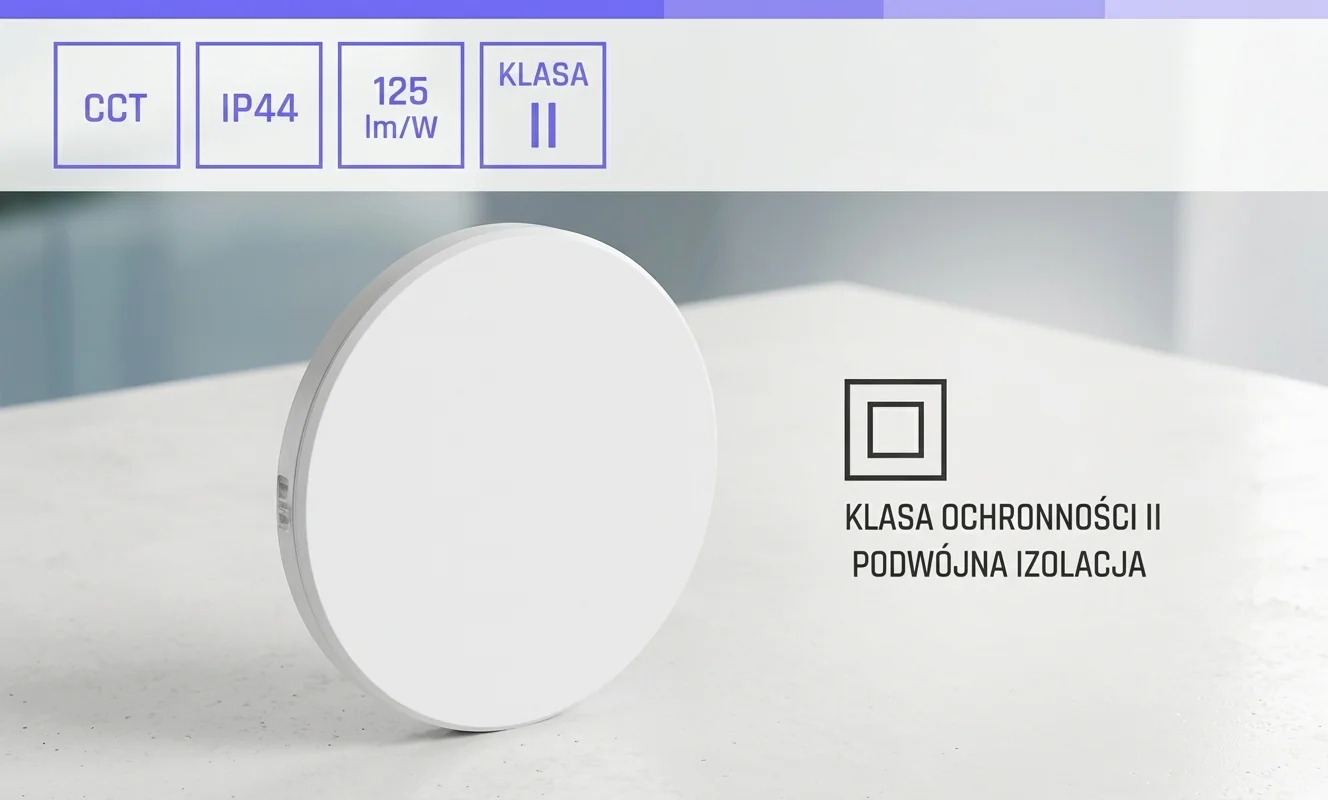 Oprawa LED PIATTA 9W CCT 230V IP44 SLI003039CCT_PW z symbolem podwójnej izolacji