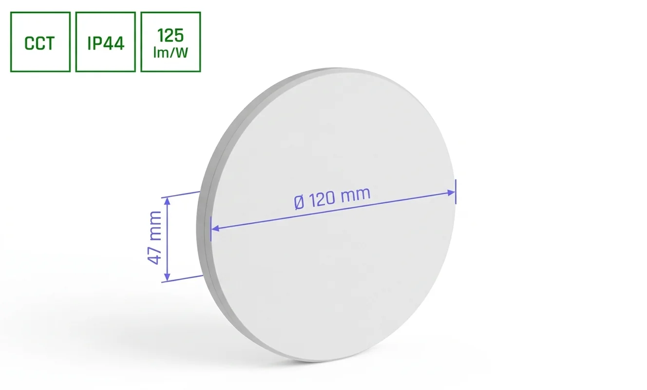 Biała okrągła oprawa LED PIATTA 9W CCT 230V IP44 SLI003039CCT_PW, widok centralny na białym tle z zaznaczonymi wymiarami 120x47 mm