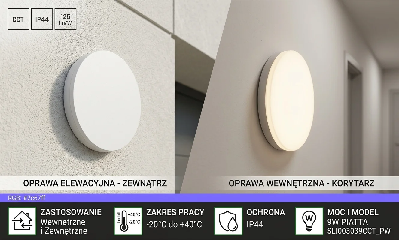 Oprawa LED PIATTA 9W CCT 230V IP44 SLI003039CCT_PW zamontowana na elewacji i w korytarzu