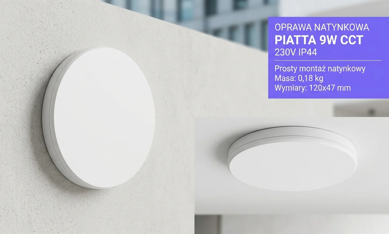 Oprawa LED PIATTA 9W CCT 230V IP44 SLI003039CCT_PW zamontowana natynkowo na ścianie i suficie