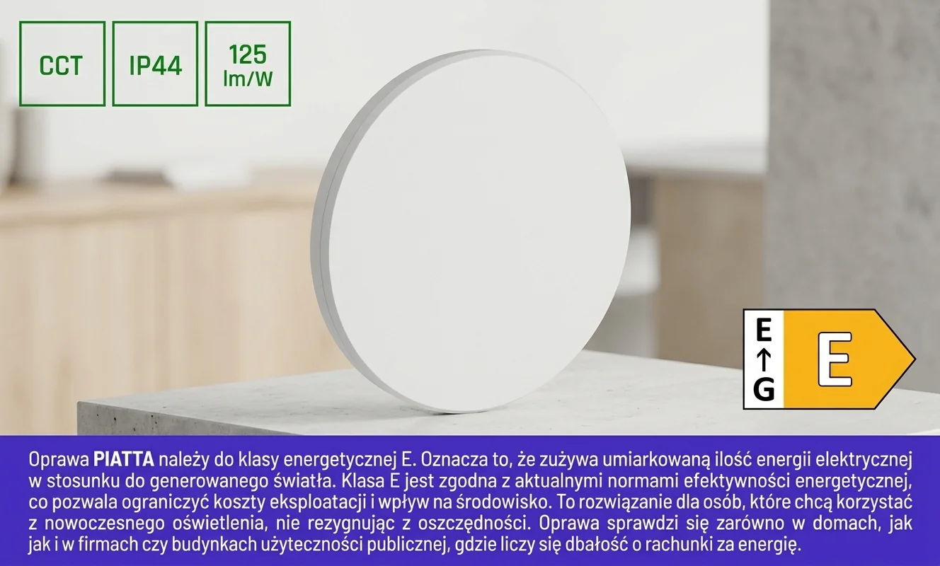 Oprawa LED PIATTA 9W CCT 230V IP44 SLI003039CCT_PW z symbolem klasy energetycznej E
