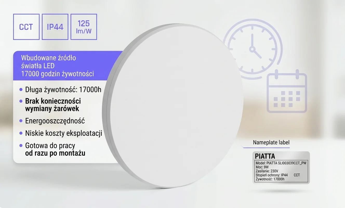 Oprawa LED PIATTA 9W CCT 230V IP44 SLI003039CCT_PW z symbolem długiej żywotności