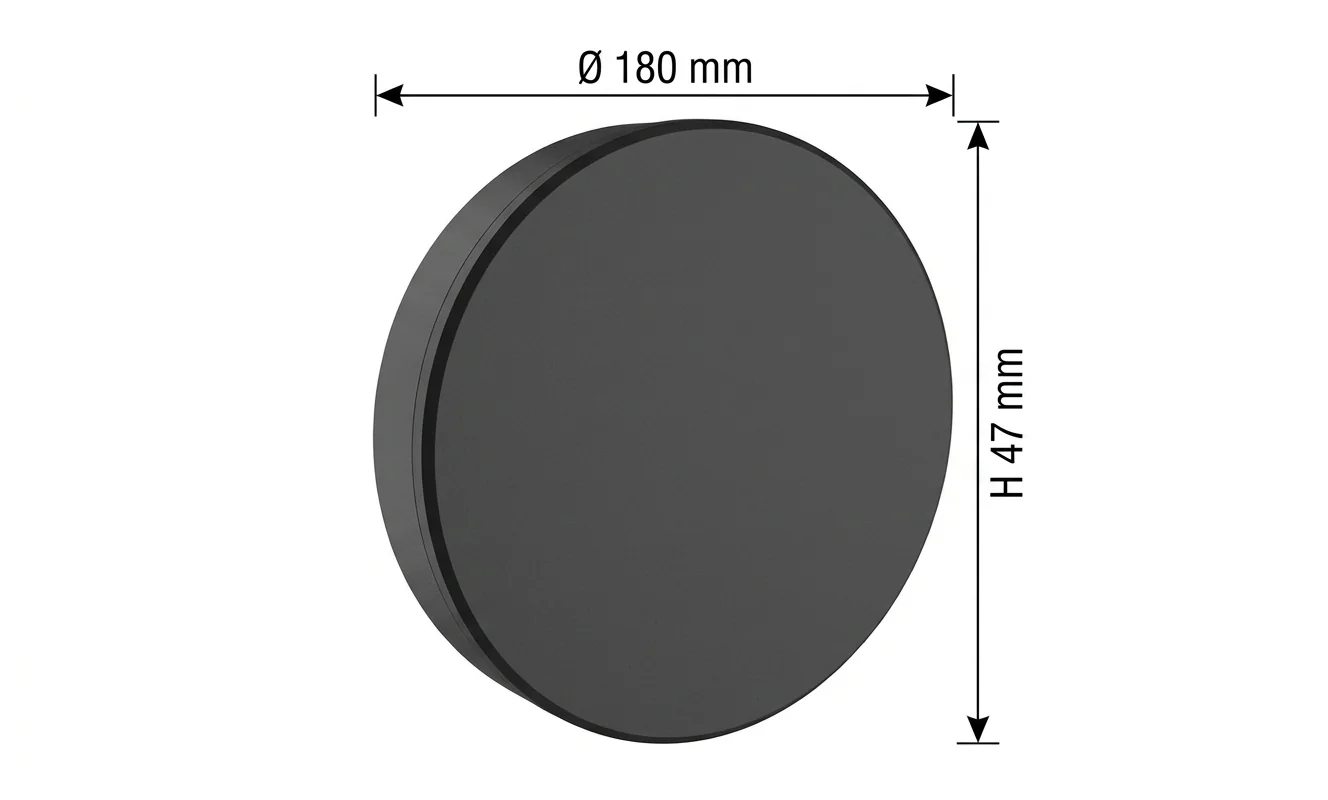 PIATTA 12W CCT 230V IP44 180x47MM CZARNY OKRĄGŁA ELEWACYJNA SLI003030CCT_PW ? realistyczna fotografia produktu na białym tle z widocznymi wymiarami