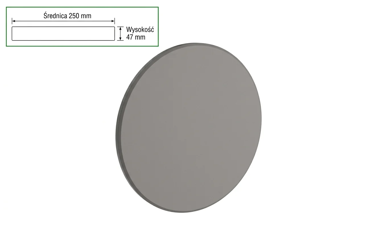Szara, okrągła oprawa LED PIATTA 18W CCT 230V IP44 SLI003044CCT_PW marki Spectrum LED, widok centralny na białym tle z zaznaczonymi wymiarami 250x47 mm.