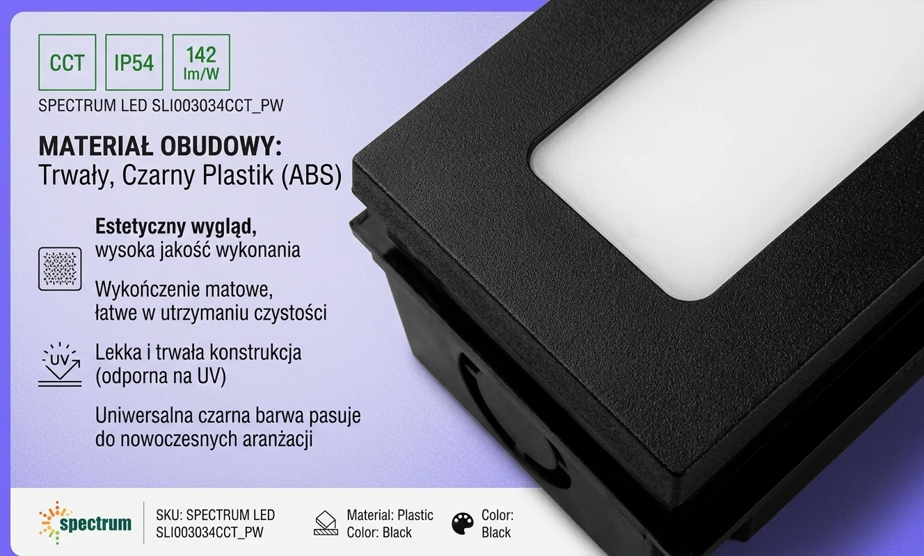 Czarna plastikowa obudowa oprawy LED Spectrum LED SLI003034CCT_PW, zbliżenie, zdjęcie produktu 159645
